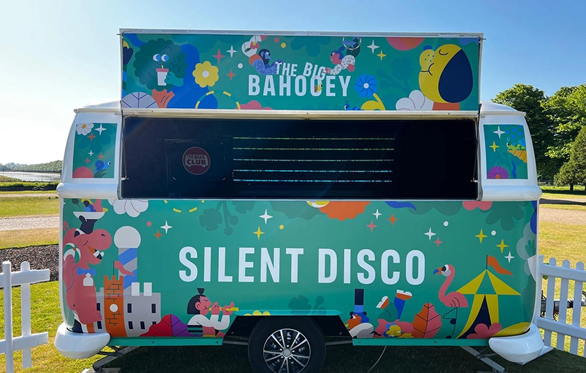 Sustainable DJ Van with summer event vinyl wrap in Hampton Court