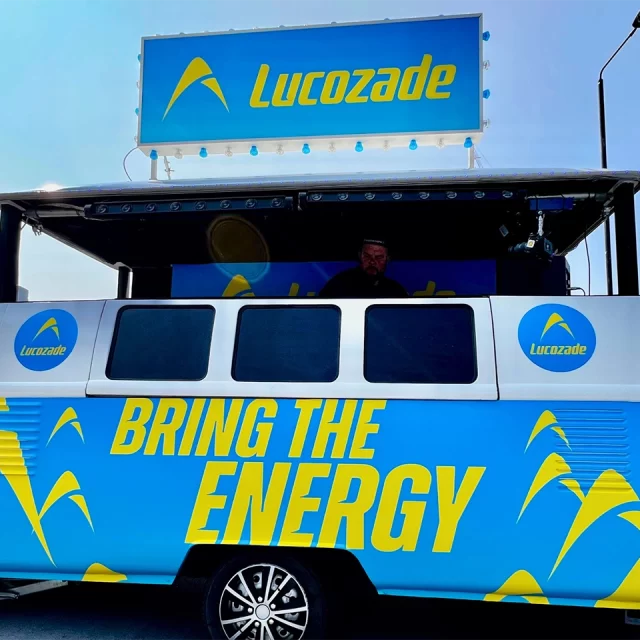 lucozade branded DJ van for London Marathon