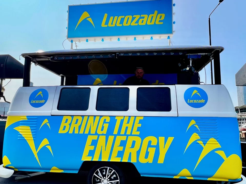lucozade branded DJ van for London Marathon
